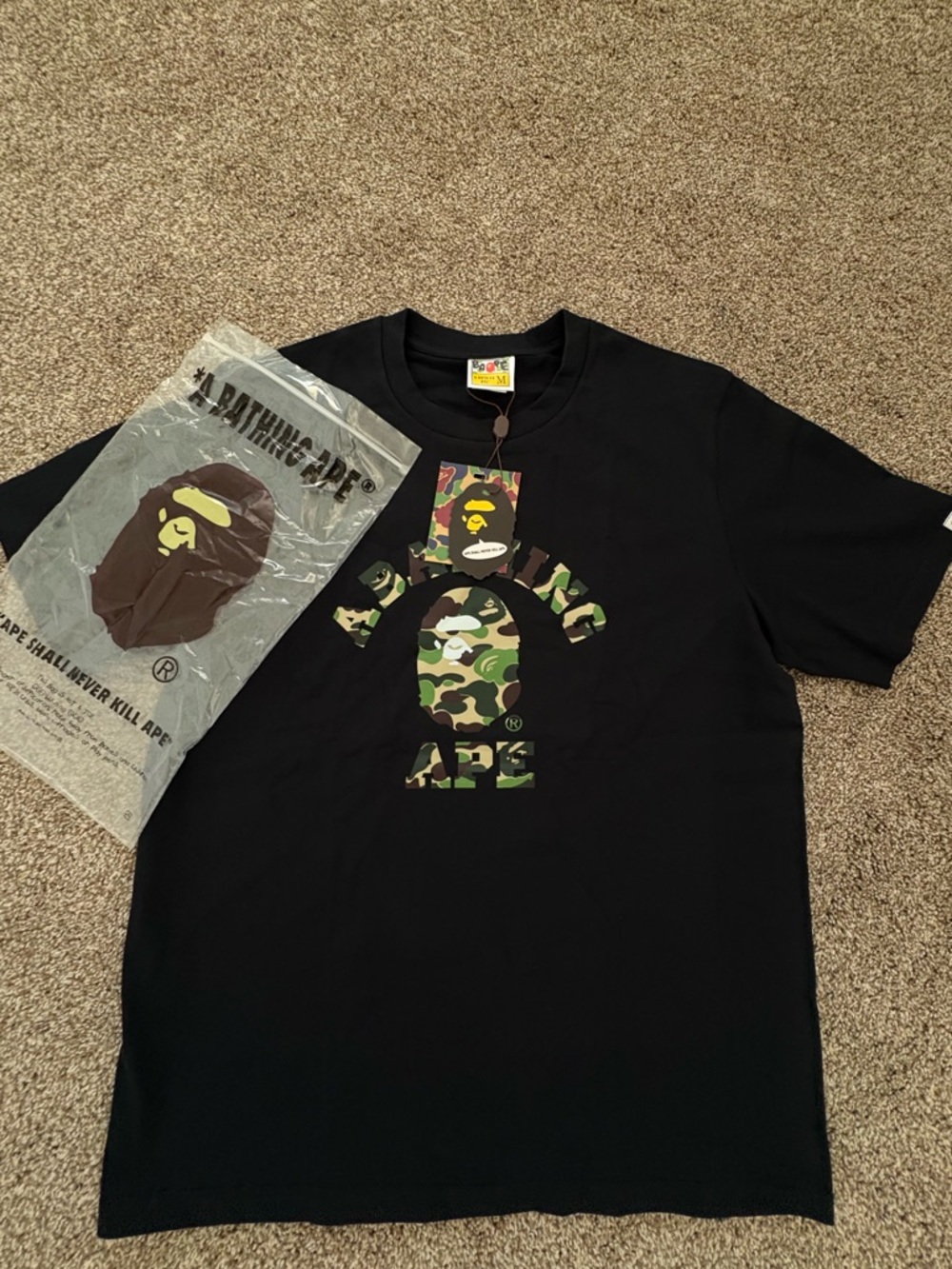 Bape Black Tee with Green Camo Ape Logo